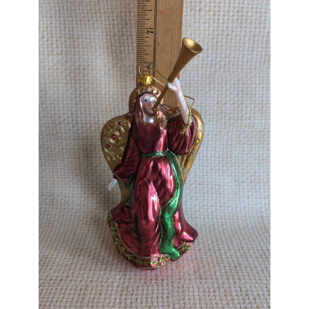 VTG Christmas Angel Ornament European Style Glass Hand Blown Horn Jeweled